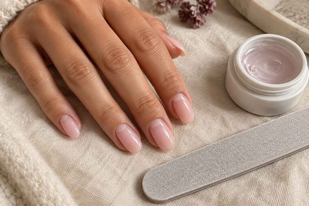 Uitgegroeide opbouwgel bij de nagelriem naast een vijl en een potje gel