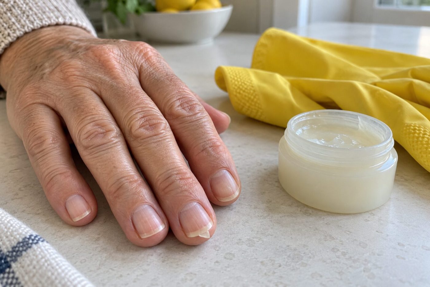 Oudere hand met korte, droge nagels op een aanrecht, met een gesplitste nageltop, naast een open potje vaseline en gele schoonmaakhandschoenen
