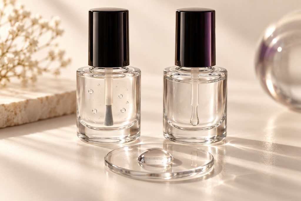 Twee heldere flesjes base coat en top coat met een druppel gel op glas