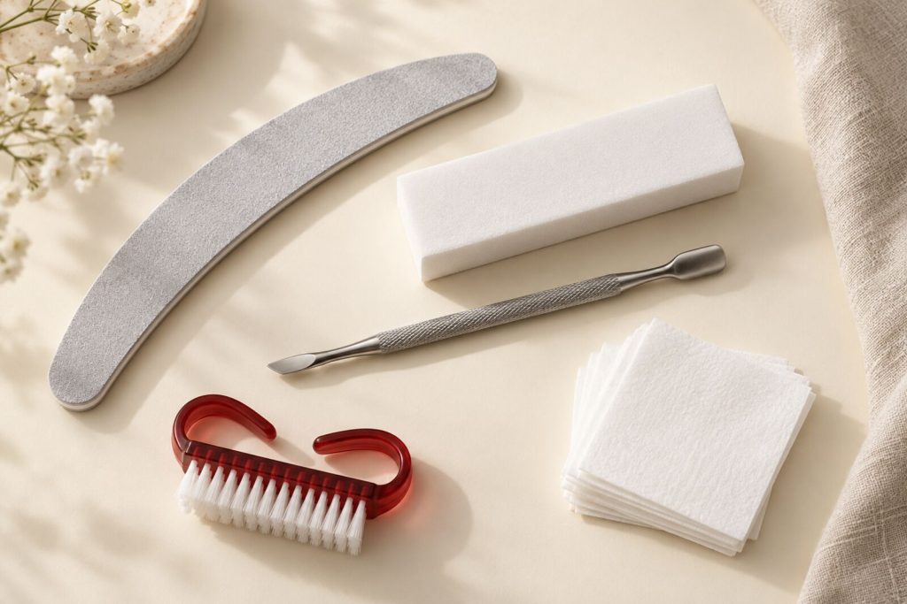 Nagelvijl, polijstblok, cuticle pusher, nagelborstel en pluisvrije wipes