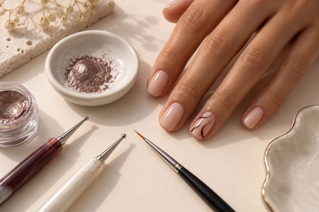 Dotting tools, fijne penselen en chroompoeder naast een hand met nail art