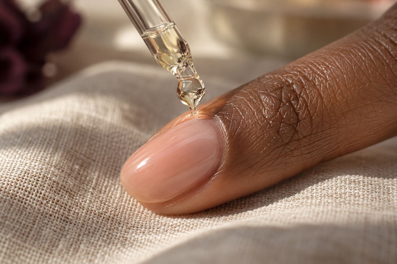 Druppel nagelriemolie valt uit een pipet op de nagelriem