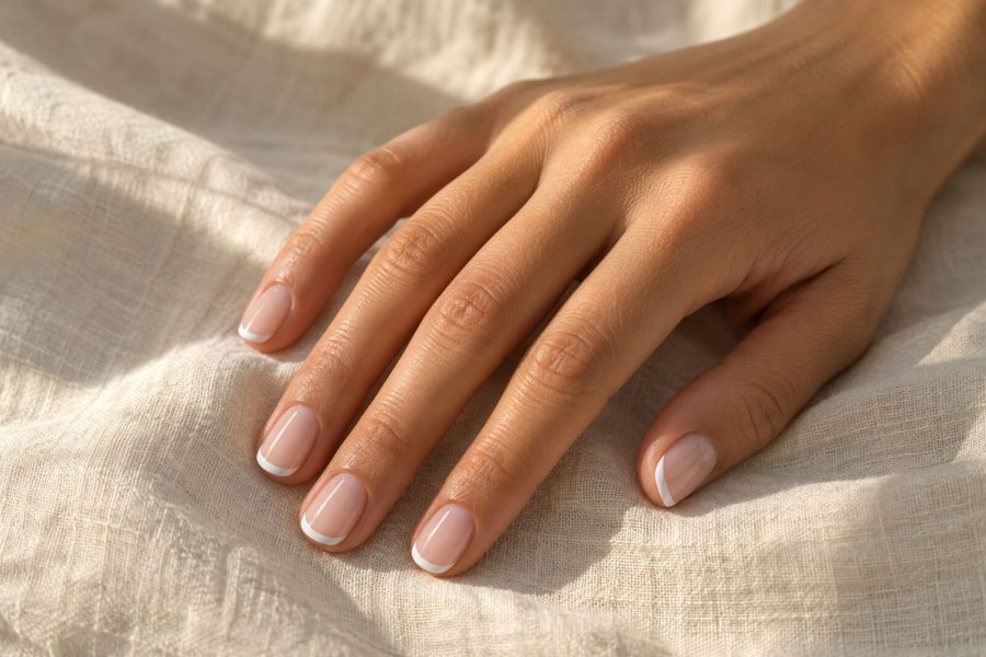 Hand met een French manicure: melkroze basis en dunne witte tip