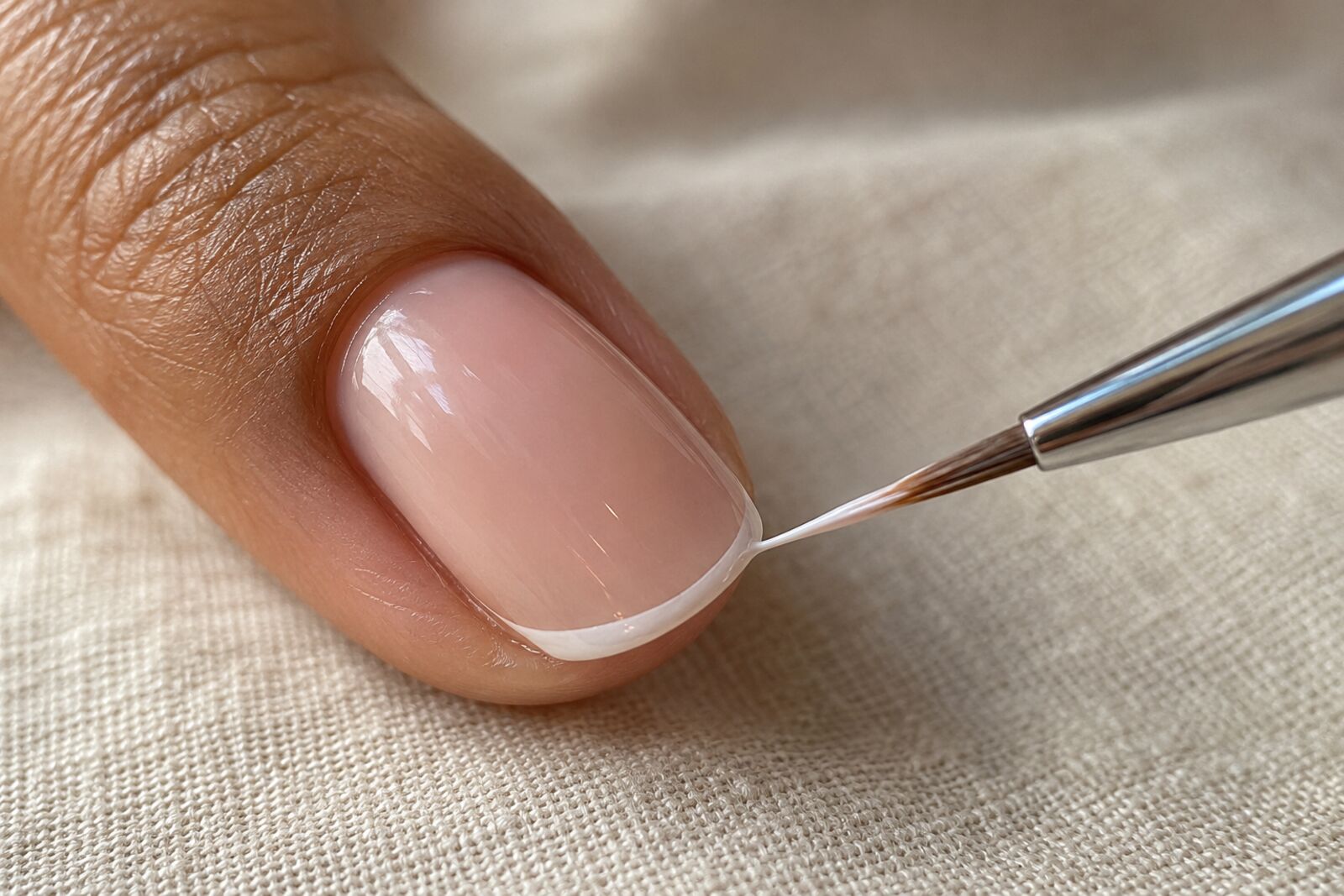 Dun penseel werkt een witte tiplijn op een nagel bij