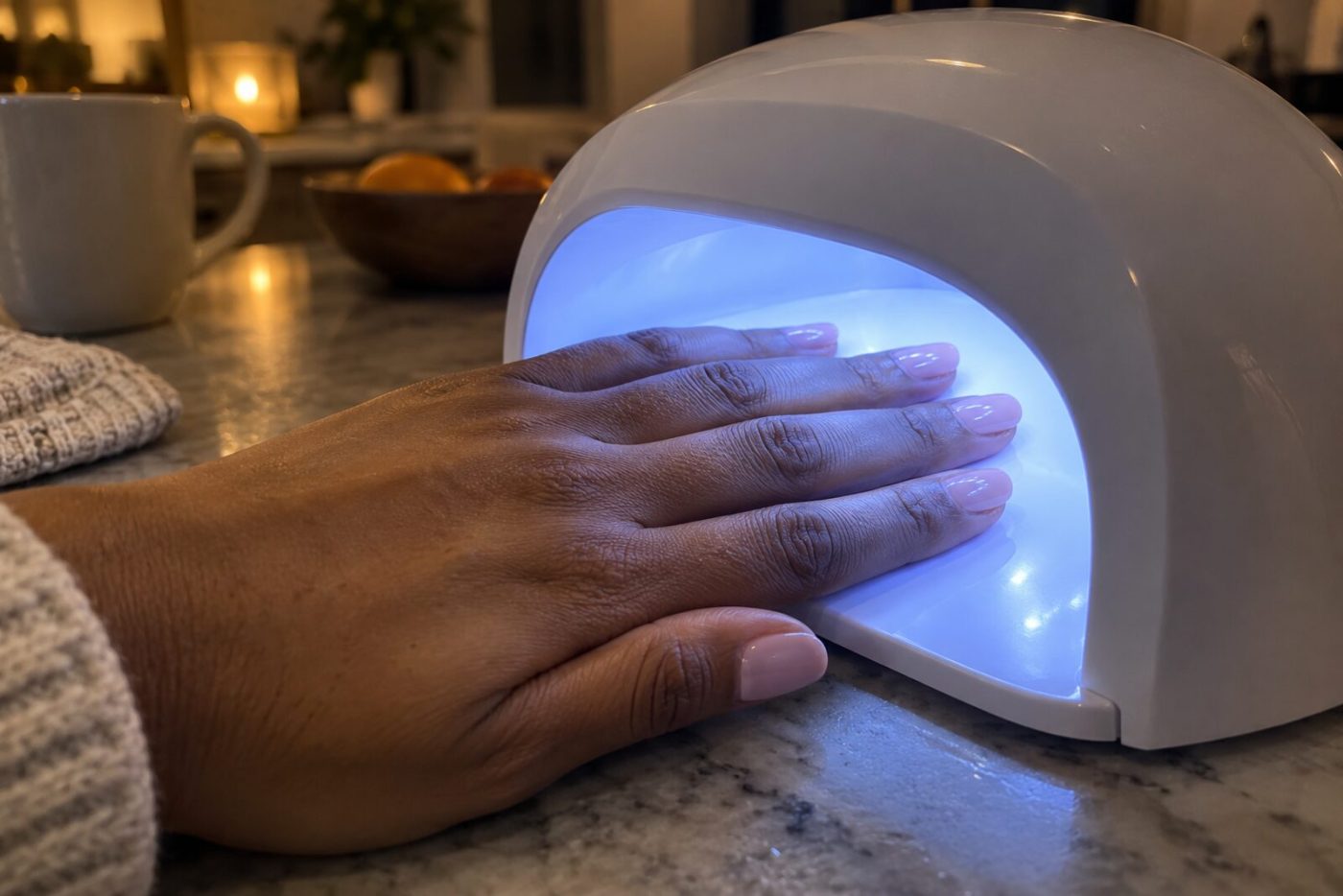Hand met nude-roze gellak in een witte nagellamp, het blauwwitte licht valt over vingers en knokkels