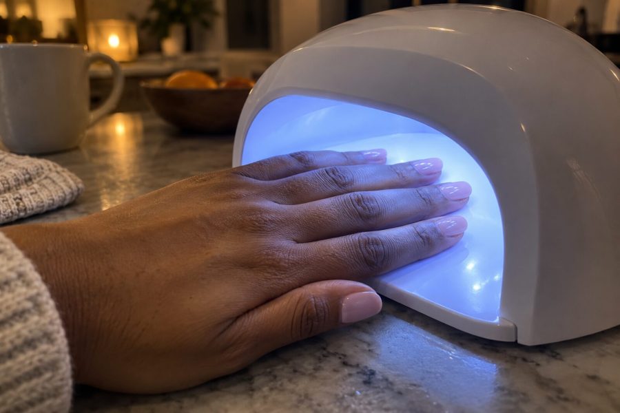Hand met nude-roze gellak in een witte nagellamp, het blauwwitte licht valt over vingers en knokkels