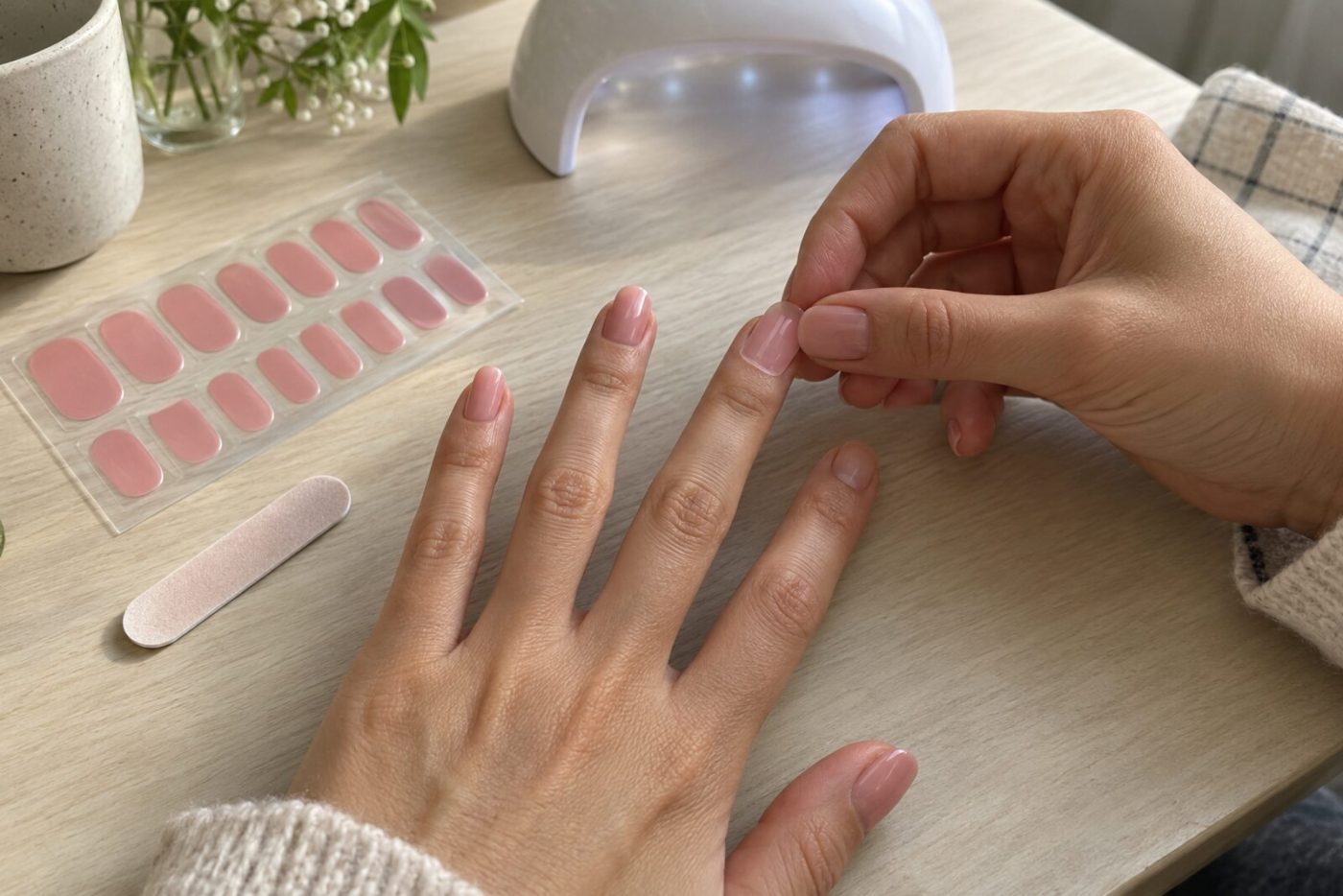 Hand die een roze gel-nagelsticker op een nagel drukt, naast een vel stickers, een vijltje en een witte nagellamp op een houten tafel
