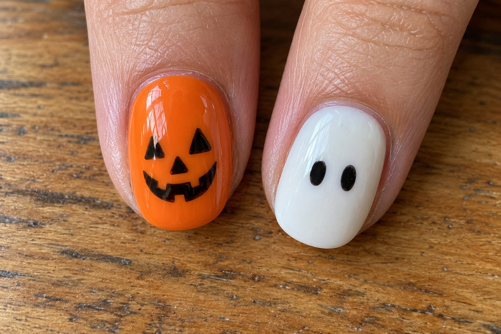 Twee nagels van dichtbij: een oranje nagel met een zwart pompoengezichtje en een witte nagel met twee zwarte spookoogjes