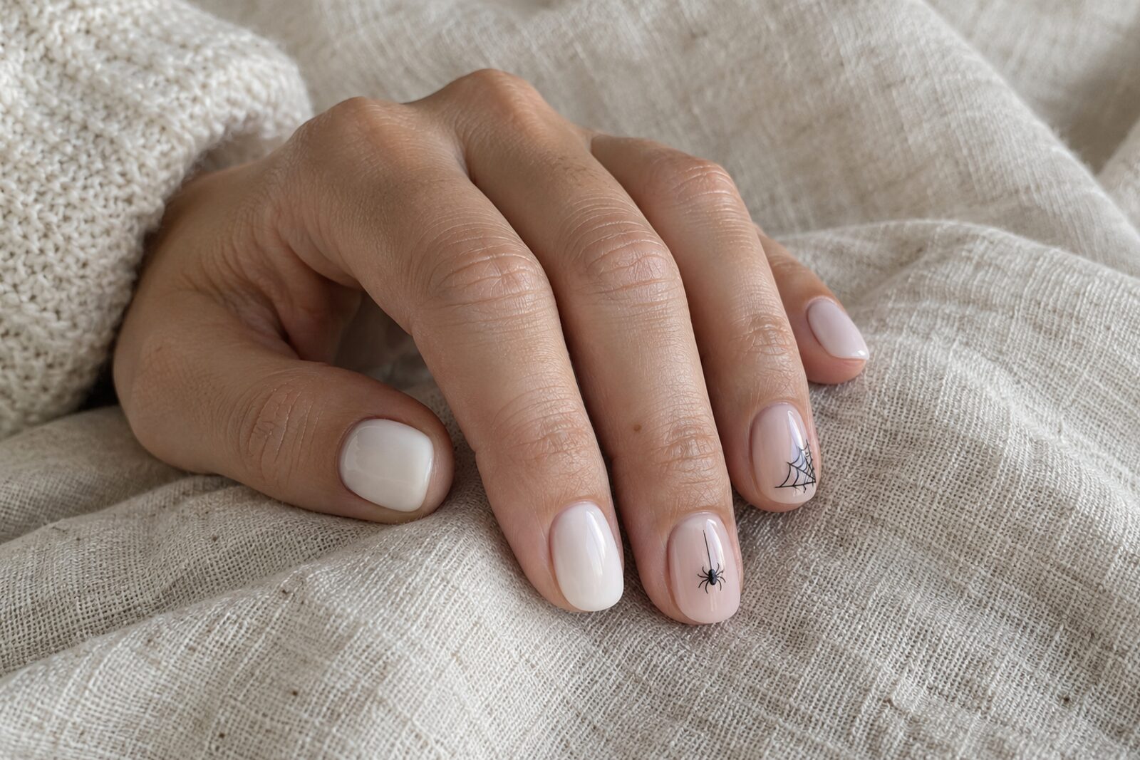 Hand met melkwitte nagels en op twee nagels een klein zwart spinnetje en een mini-spinnenweb