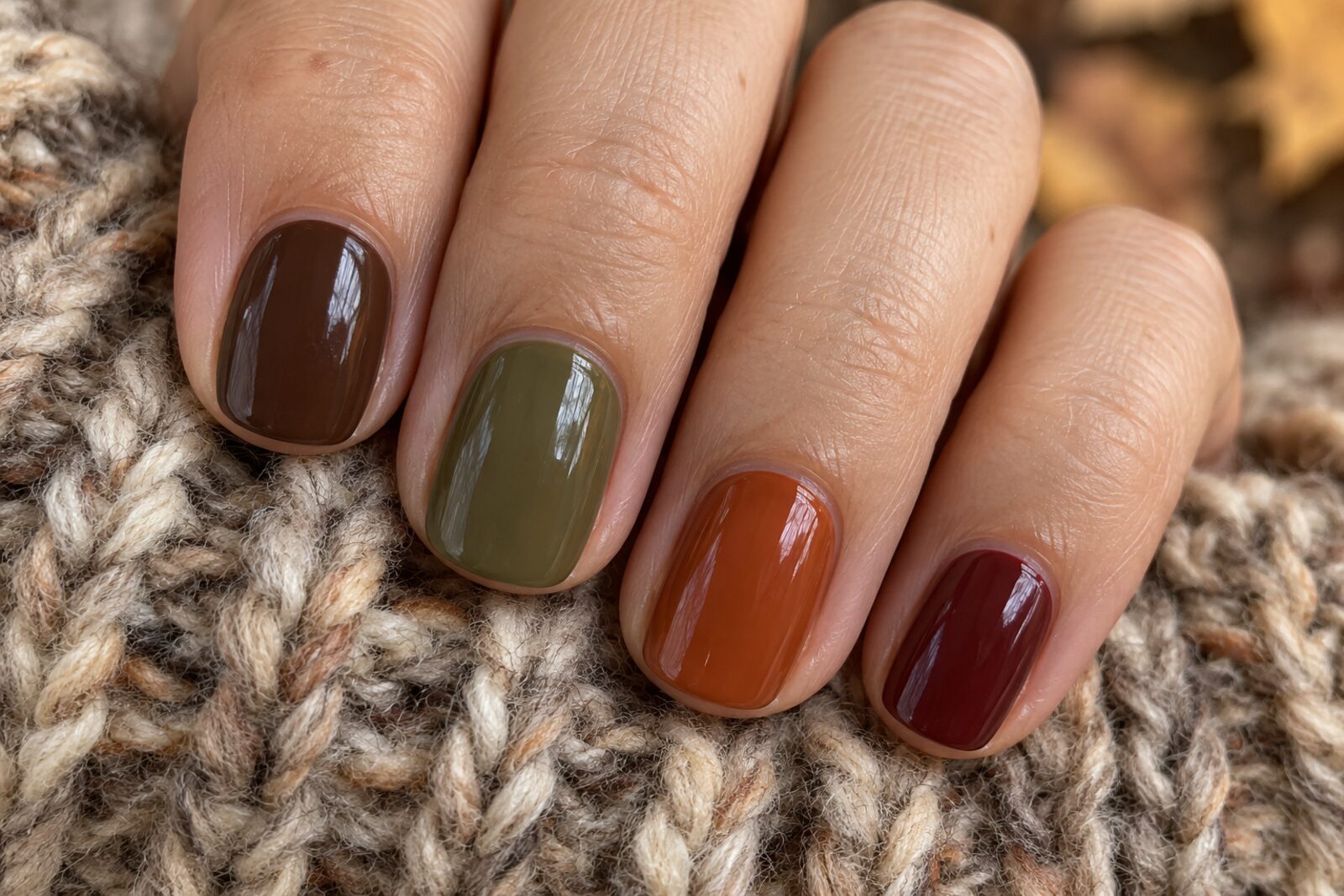 Vier nagels naast elkaar in chocoladebruin, olijfgroen, roestoranje en bordeaux op een gebreide trui