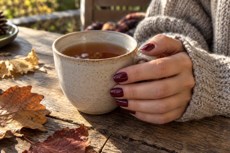 Hand met moerbeirode gellak om een kop thee, met herfstbladeren op een houten tafel