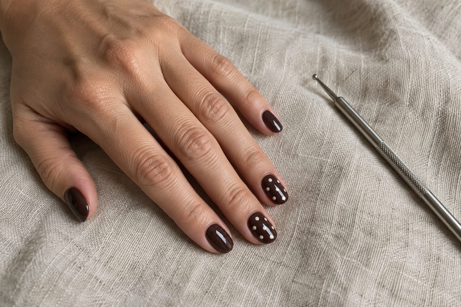 Hand met donkerbruine gellak en kleine crèmewitte stippen op twee nagels, naast een dotting tool