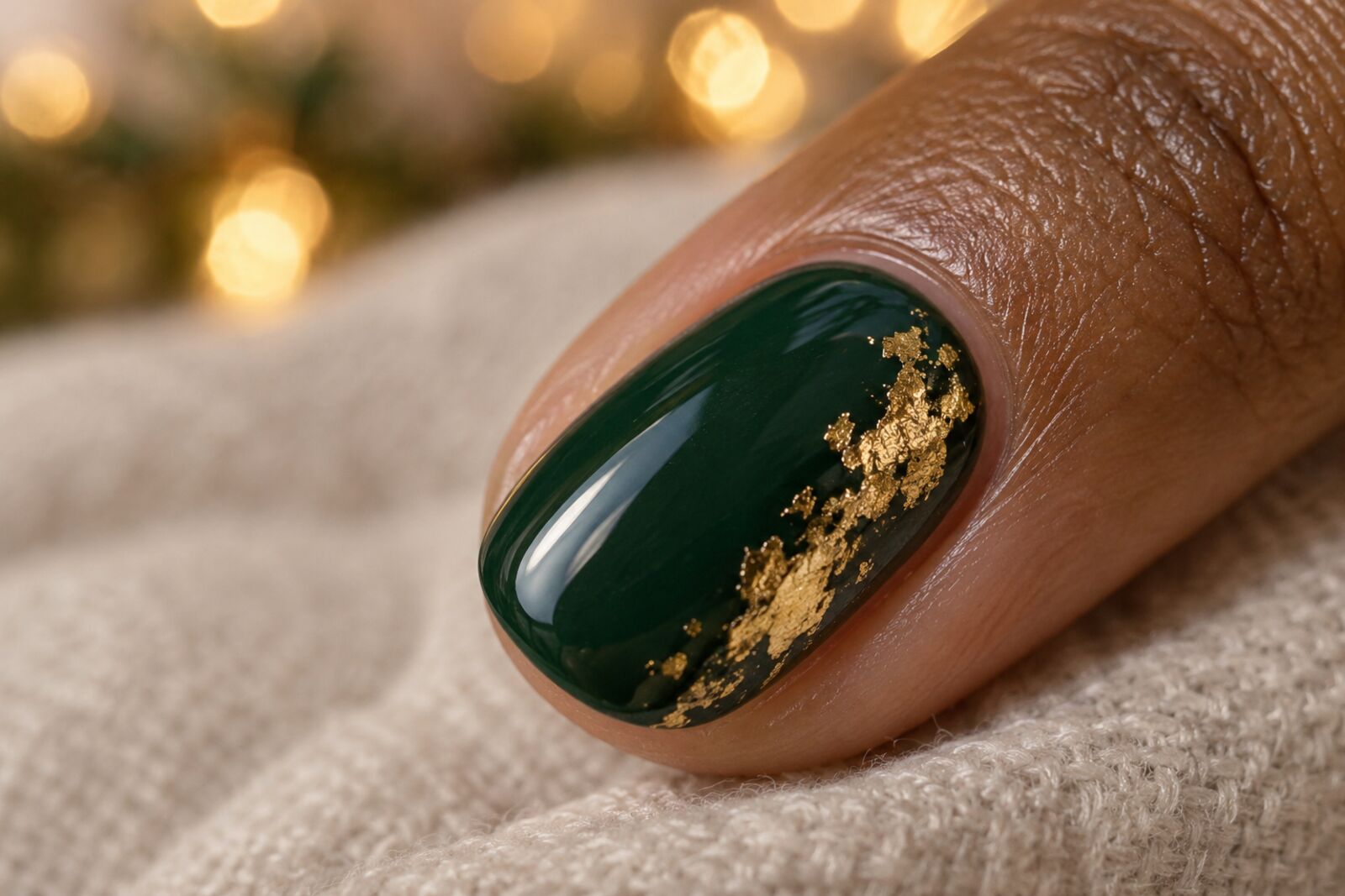 Donkergroene nagel met gouden folie, kerstlampjes onscherp op de achtergrond