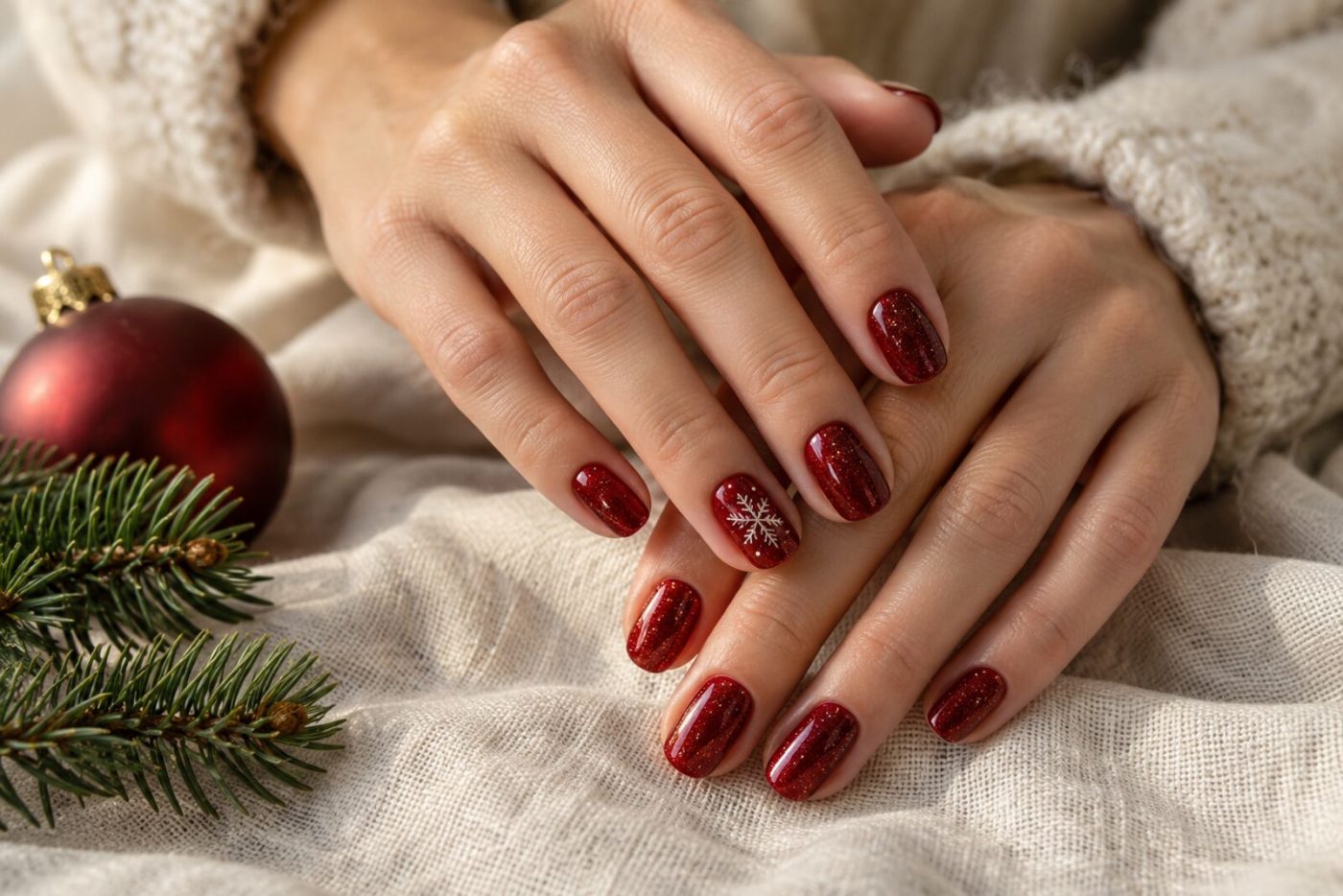 Handen met kersenrode gellak en fijne gouden glitter naast een kerstbal