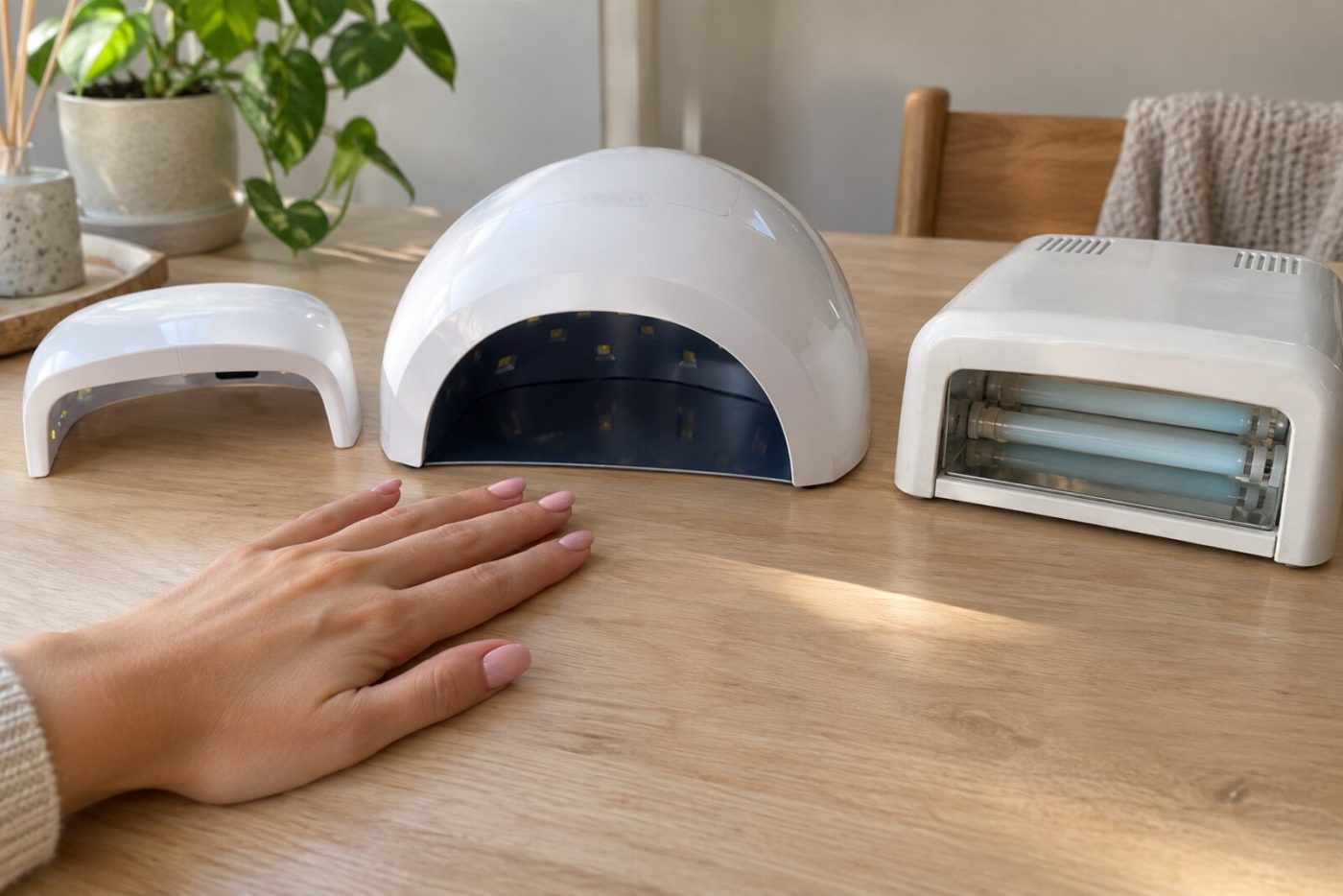Drie nagellampen naast elkaar op een houten tafel: een compacte ledlamp, een grote koepellamp en een oude uv-lamp met buislampen, met een hand met roze gellak ervoor