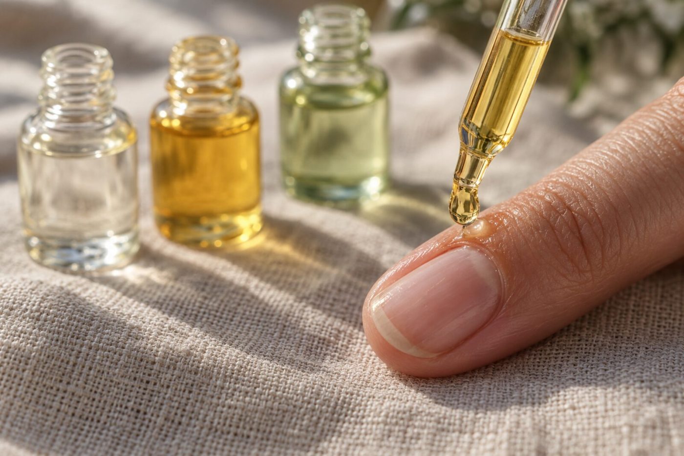 Een druppel goudkleurige olie valt uit een pipet op de nagelriem, met drie flesjes olie op de achtergrond