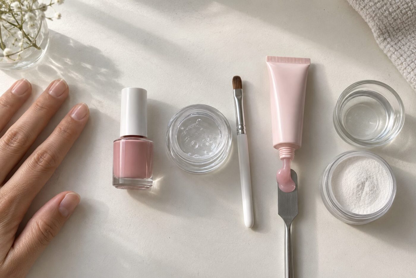 Op een lichte tafel naast elkaar: een flesje gellak, een potje heldere opbouwgel met penseel, een tube roze gel op een spatel en een schaaltje vloeistof naast een potje wit poeder