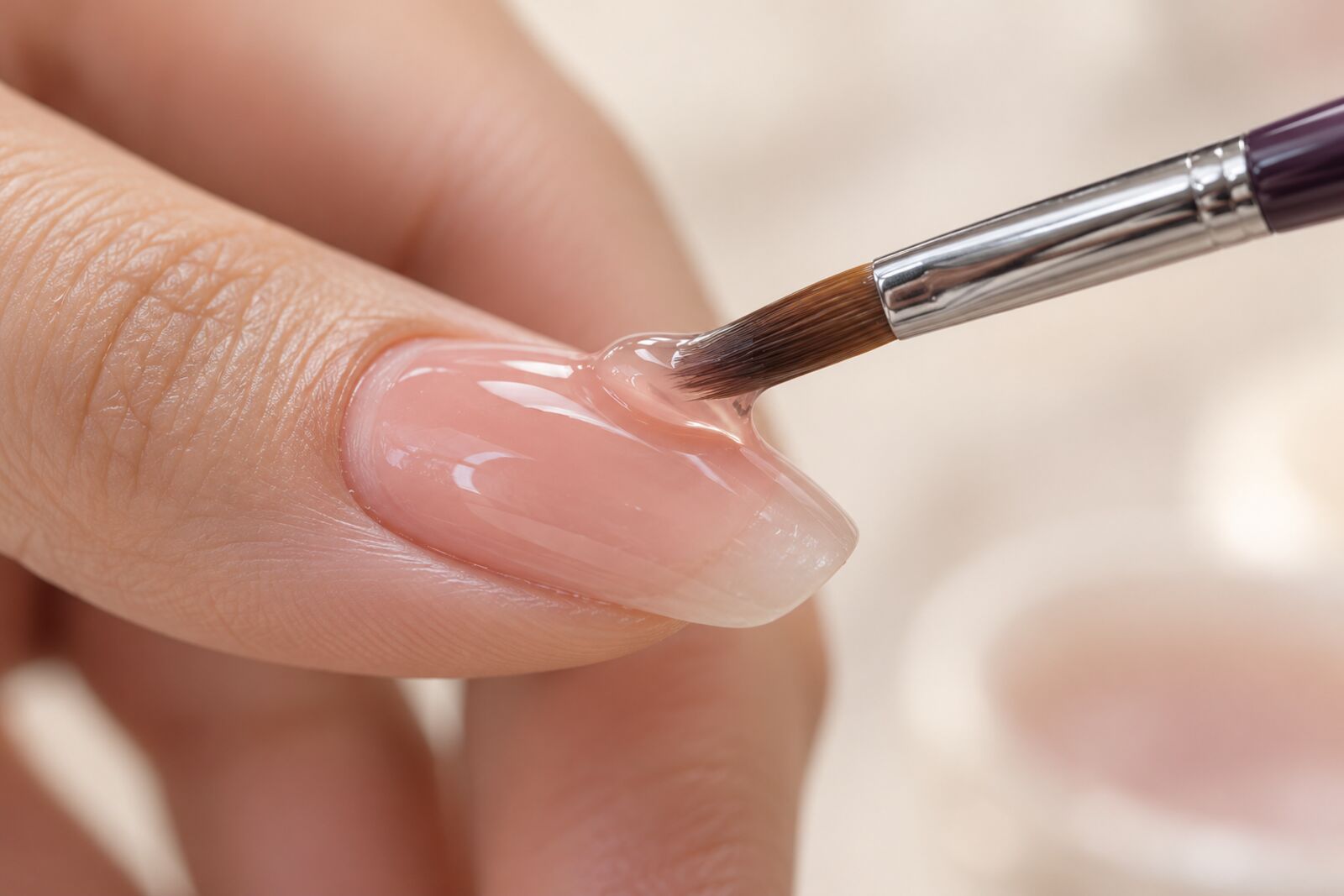 Builder gel wordt met een kwast op een lange nagel opgebouwd