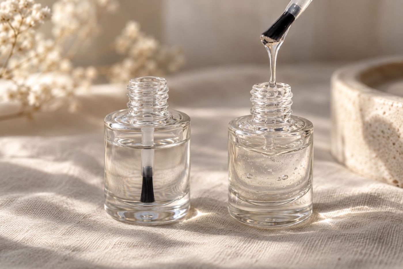 Twee flesjes naast elkaar: dunne base coat en stroperige rubber base die van een kwastje druipt