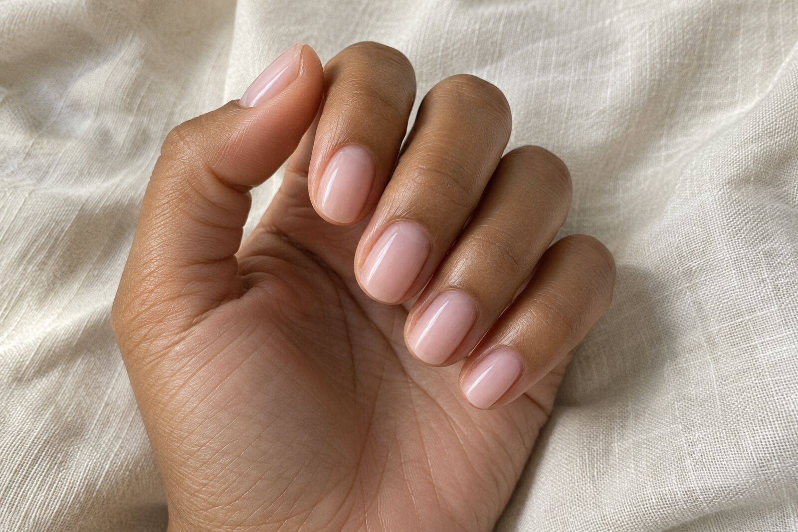 Korte natuurlijke nagels met een glanzende melkroze rubber base