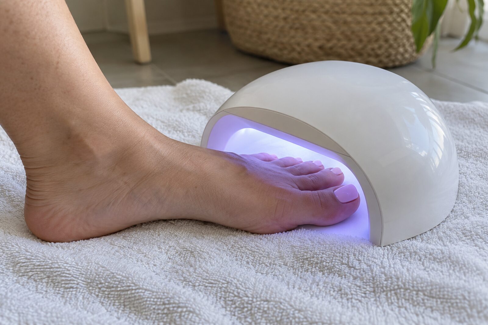 Voet onder een witte ledlamp voor nagels, op een handdoek